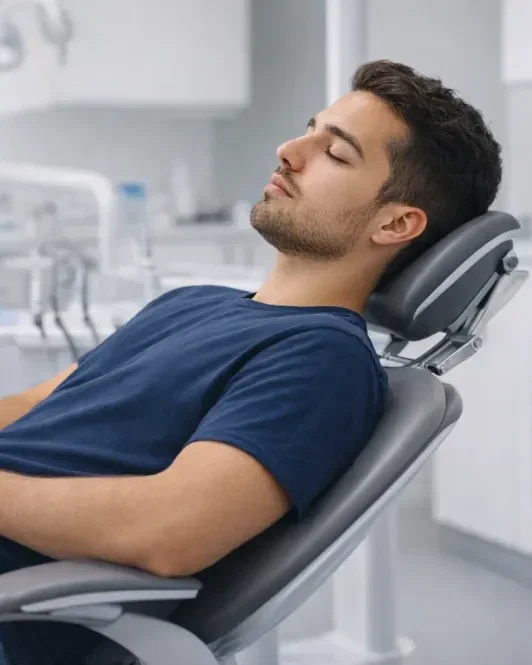 A patient resting comfortably in the dental chair during treatment